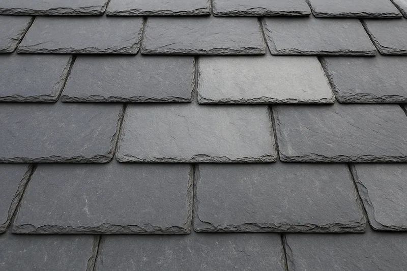 Overlapping grey slates in straight courses, one a shade lighter — slate roofing, Hobart. Illustrative example.